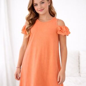 Girls Orange Cold Shoulder Summer  Dress with Ruffle Sleeves size Large